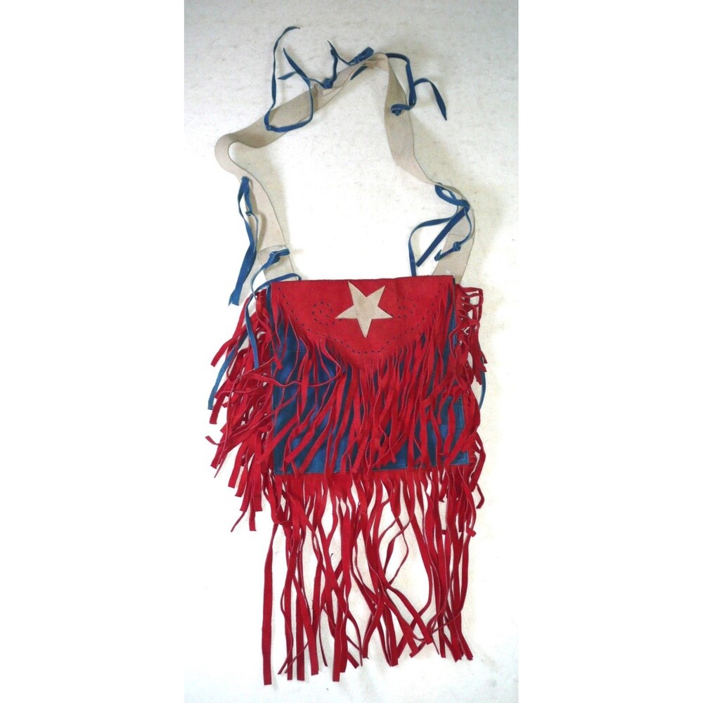 VTG 70s Suede Leather Patriotic Fringe Tassel Crossbody Purse Captain America